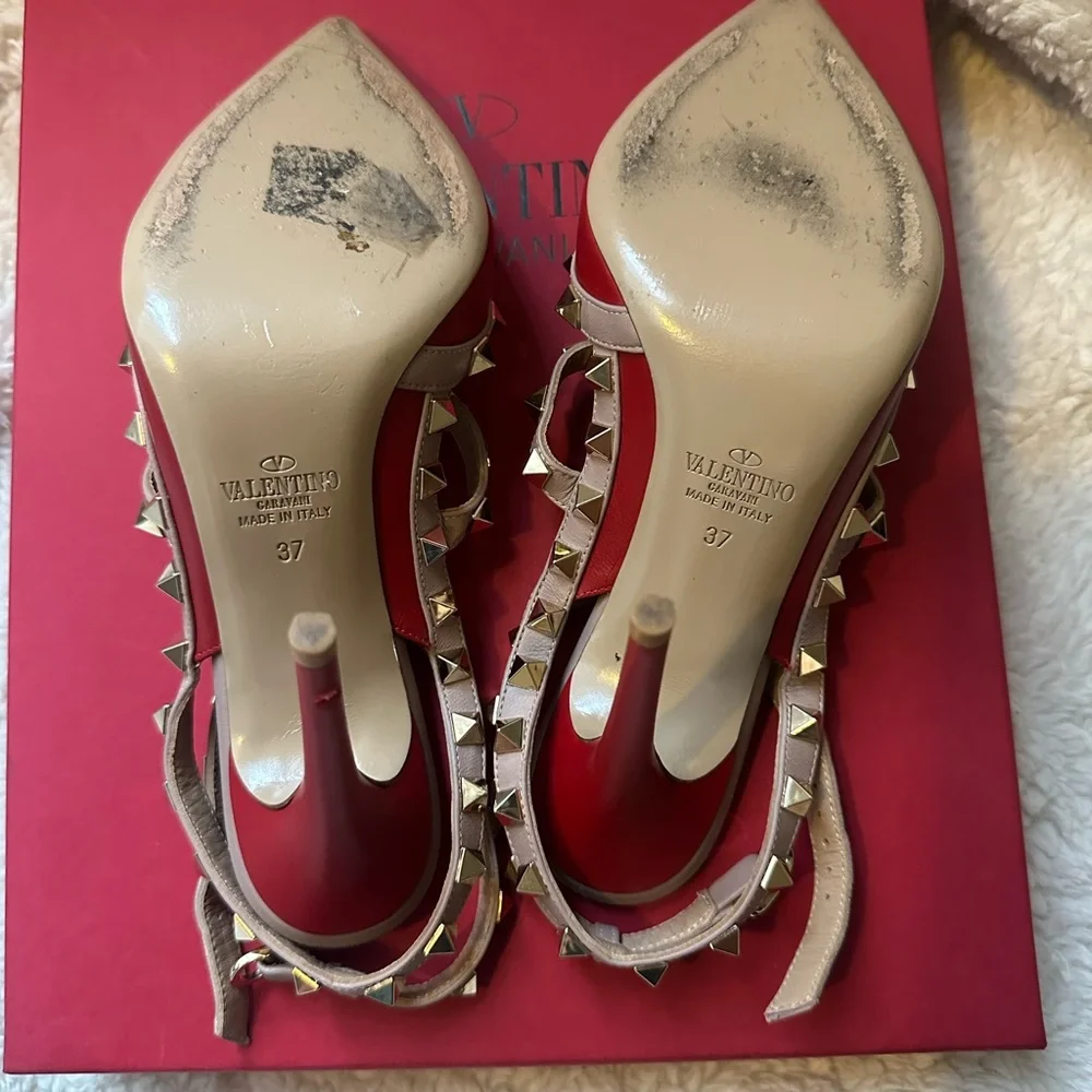 Valentino Red Pointed Rockstud Strappy Leather Pumps - Picture 5 of 6
